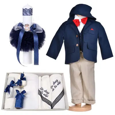 Set costum botez pentru baietel albastru inchis 5 piese cu trusou botez cu mesaj si lumanare cu ingeras Denikos&reg; C1159 NKO5920