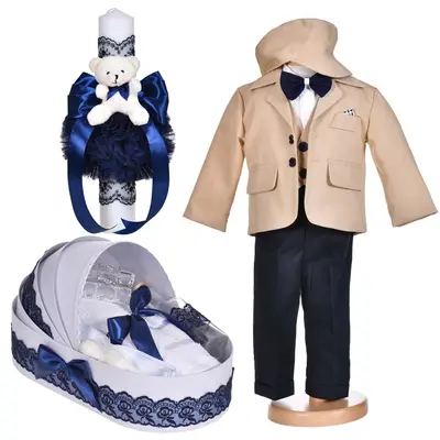 Set botez, costum botez baietel clasic bej, 5 piese, trusou botez si lumanare, Denikos&reg; C1156 NKO5917
