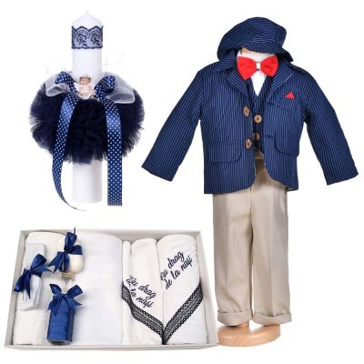 Set costum botez de baieti 5 piese si trusou botez cu mesaj si lumanare cu ingeras Denikos® C1161 NKO5922