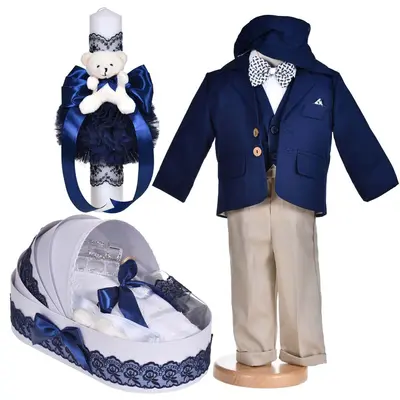 Set botez, costum botez baieti, 5 piese, trusou botez si lumanare cu ursulet, decor bleumarin, Denikos&reg; C1152 NKO5913