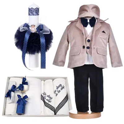 Set costum botez baieti catifea bej 5 piese cu trusou botez cu mesaj si lumanare ingeras Denikos® C1169 NKO5930