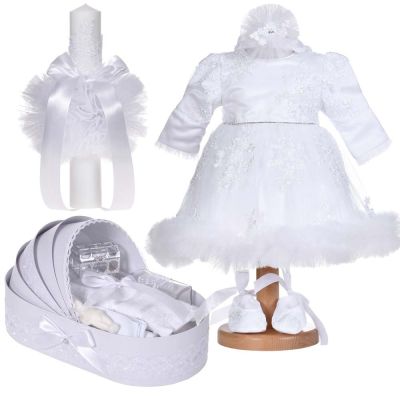 Pachet rochita botez cu volanas 3 piese si trusou botez fete cu lumanare decor dantela alba diafana Denikos® C1150 NKO5911