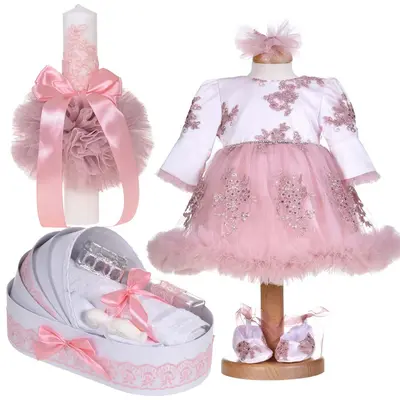 Set rochita botez cu volanas 3 piese si trusou botez cu lumanare fete decor dantela dusty rose Denikos&reg; C1147 NKO5908