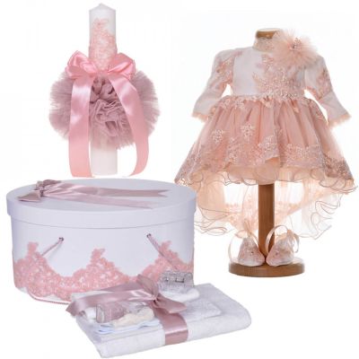 Set rochita cu trena 3 piese si trusou botez pentru fetita cutie trusou si lumanare decor dantela dusty rose Denikos® C9189 NKO5493