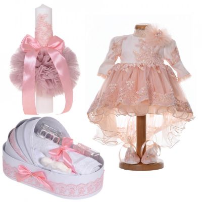 Set rochita cu trena, 3 piese trusou botez si lumanare pentru Fetite decor dantela dusty rose Denikos® C9199 NKO5503