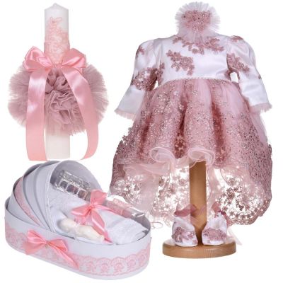 Set tursou botez cu lumanare fete si rochita cu trena 3 piese decor dantela roz pudra Denikos® C9198 NKO5502