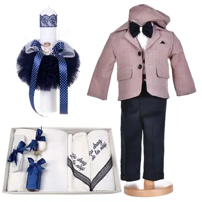Set Gentleman Style costum botez baietel 5 piese si trusou botez cu mesaj si lumanare cu ingeras Denikos&reg; C1163 NKO5924