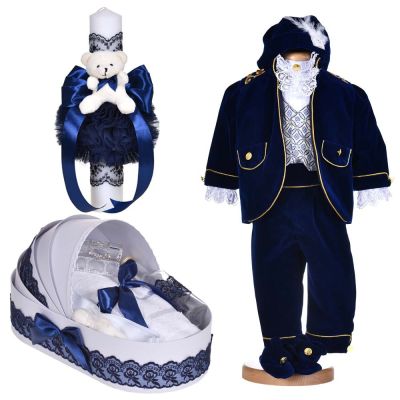 Set costum botez Print Fermecator 5 piese pentru baiat cu trusou botez si lumanare decor bleumarin Denikos® C1140 NKO5901