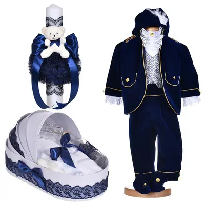 Set costum botez Print Fermecator 5 piese pentru baiat cu trusou botez si lumanare decor bleumarin Denikos&reg; C1140 NKO5901
