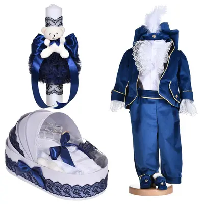 Pachet trusou botez baieti si costum botez Printisor 5 piese cu lumanare decor bleumarin Denikos&reg; C1141 NKO5902