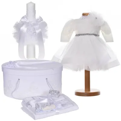 Set botez elegant cu rochita 2 piese si trusou botez fata cutie trusou si lumanare decor dantela alba Denikos&reg; C9186 NKO5490