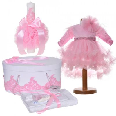 Set botez elegant Fete rochita 2 piese cu trusou botez si cutie trusou si lumanare decor dantela roz Denikos® C9180 NKO5484