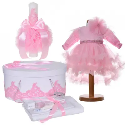Set botez elegant Fete rochita 2 piese cu trusou botez si cutie trusou si lumanare decor dantela roz Denikos&reg; C9180 NKO5484
