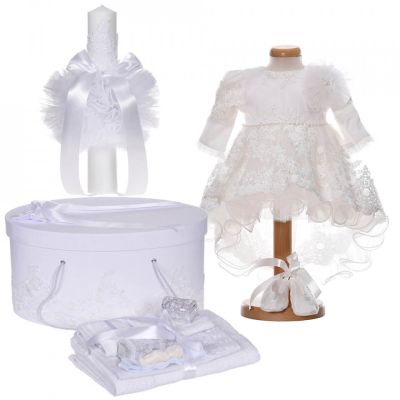 Set botez rochita cu trena Fetita 3 piese cu trusou botez si cutie trusou cu lumanare decor dantela alba Denikos® C9187 NKO5491