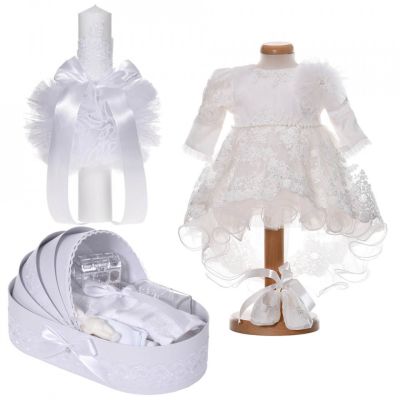 Set rochita cu trena 3 piese si trusou botez Fete cu lumanare decor dantela alba Denikos® C9197 NKO5501