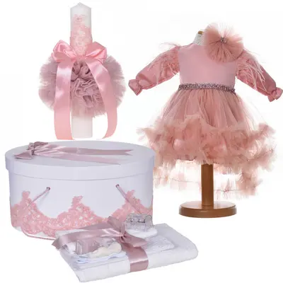 Set botez elegant Fata rochita 2 piese cu trusou botez si cutie trusou Denikos&reg; C9181 lumanare decor dantela roz pudra  NKO5485