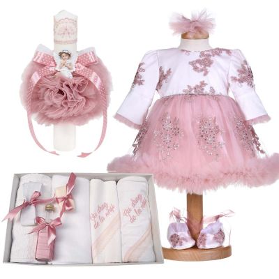 Set botez fete rochita volanas 3 piese si trusou botez cu mesaj si lumanare decor roz pudra Denikos® C1178 NKO5939
