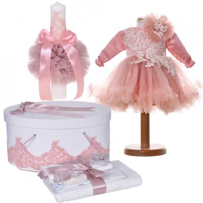 Set botez fete rochita 2 piese, trusou botez, cutie trusou si lumanare, decor roz pudra, Denikos® C9183 NKO5487