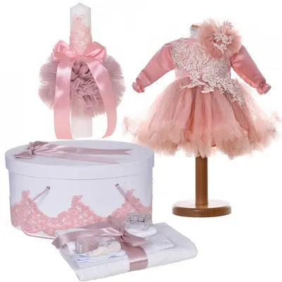 Set botez fete rochita 2 piese, trusou botez, cutie trusou si lumanare, decor roz pudra, Denikos&reg; C9183 NKO5487