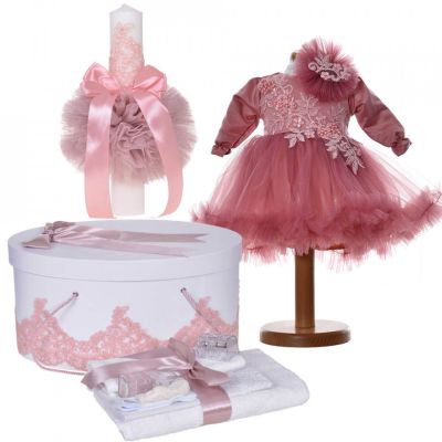 Set botez fetite cu rochita 2 piese si trusou botez, cutie trusou si lumanare, decor roz pudrat inchis Denikos® C9184 NKO5488