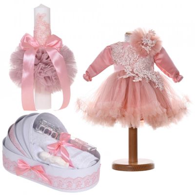 Set botez fetita cu rochita 2 piese trusou botez in landou si lumanare decor roz pudra Denikos® C9193 NKO5497