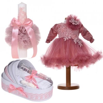 Set rochita 2 piese Fete cu trusou botez si lumanare decor roz pudrat inchis Denikos® C9194 NKO5498