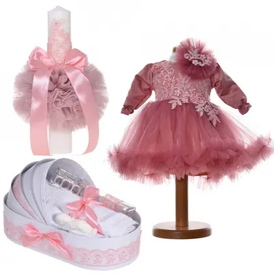 Set rochita 2 piese Fete cu trusou botez si lumanare decor roz pudrat inchis Denikos&reg; C9194 NKO5498