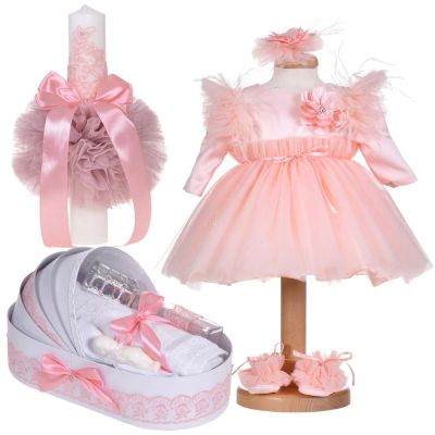 Paceht rochita 3 piese somon cu trusou botez in landou si lumanare pentru fete Denikos® C1144 NKO5905