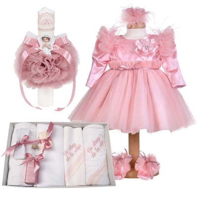 Set rochita 3 piese si trusou botez cu mesaj si lumanare, pentru fetita decor dusty rose Denikos® C1175 NKO5936