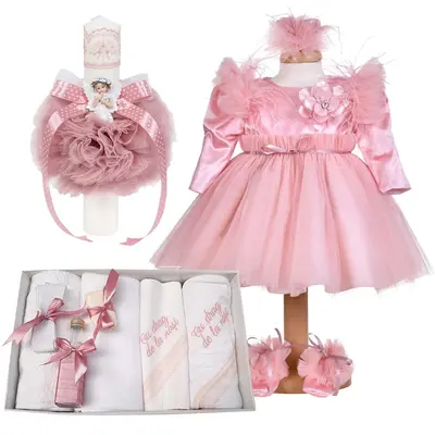 Set rochita 3 piese si trusou botez cu mesaj si lumanare, pentru fetita decor dusty rose Denikos&reg; C1175 NKO5936