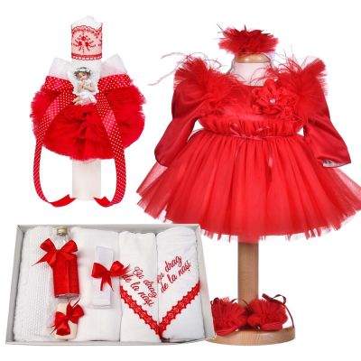 Set rochita 3 piese Fete cu trusou botez cu mesaj si lumanare decor rosu Denikos® C1173 NKO5934