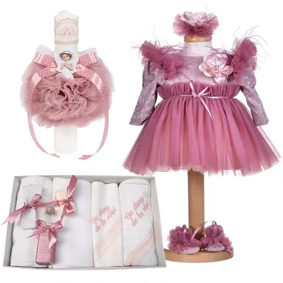Set rochita 3 piese pentru fata cu trusou botez cu mesaj si lumanare decor roz pudra Denikos&reg; C1174 NKO5935
