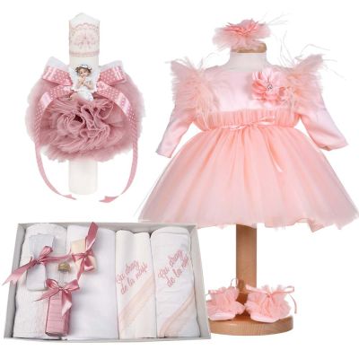 Pachet rochita 3 piese cu trusou botez cu mesaj si lumanare pentru fetite decor roz pudra nuanta deschisa Denikos® C1176 NKO5937