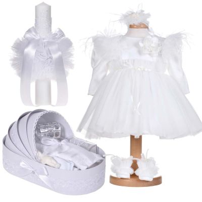 Set tursou botez si rochita 3 piese in landou cu lumanare decor alb diafan Denikos® C1145 NKO5906