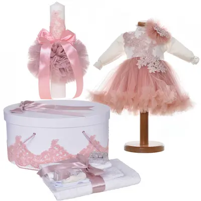 Set botez fetita rochita botez 2 piese, trusou botez, cutie trusou si lumanare, decor alb, roz pudra, Denikos&reg; C9182 NKO5486