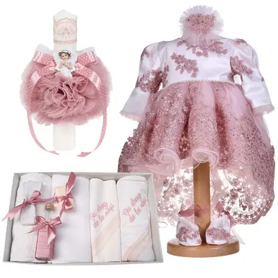 Set rochita cu trena 3 piese si trusou botez cu mesaj si lumanare cu decor roz pudra pentru fetite Denikos&reg; C1177 NKO5938