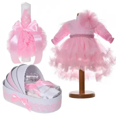 Set elegant rochita botez Fete si trusou landou botez cu lumanare decor dantela roz Denikos&reg; C9190 NKO5494