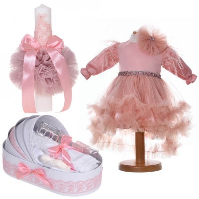 Set rochita botez si trusou botez in landou cu lumanare Fete decor dantela roz pudra Denikos® C9191 NKO5495