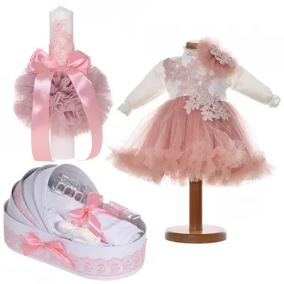 Set rochita botez 2 piese cu trusou botez si lumanare pentru fata decor alb - roz pudra Denikos&reg; C9192 NKO5496