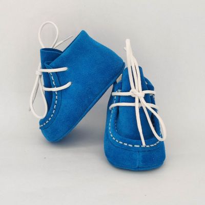 Botosei mocasini bebe din piele naturala BabyFox Turquoise Atlas cu siret alb uni - FOX1031279tqz