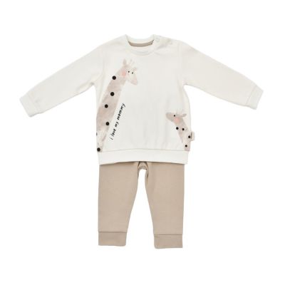 Set bluzita cu maneca lunga si panataloni lungi Girafa, BabyCosy, 100% bumbac organic, Ecru (Marime: 18-24 Luni) JEMBC-CSY2014-18