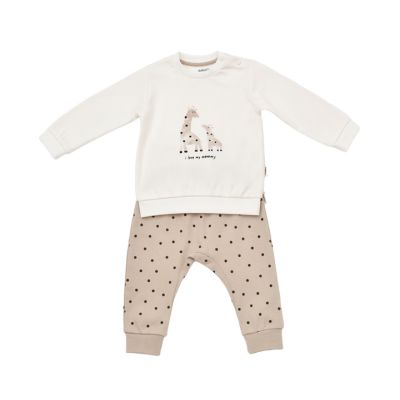 Set bluzita cu maneca lunga si panataloni lungi cu buline Girafa, BabyCosy, 100% bumbac organic, Ecru (Marime: 18-24 Luni) JEMBC-CSY2012-18