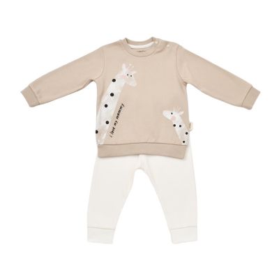 Set bluzita cu maneca lunga si panataloni lungi cu buline Girafa, BabyCosy, 100% bumbac organic, Mink (Marime: 12-18 Luni) JEMBC-CSY2013-12