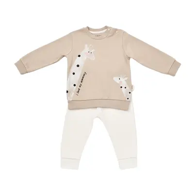 Set bluzita cu maneca lunga si panataloni lungi cu buline Girafa, BabyCosy, 100% bumbac organic, Mink (Marime: 12-18 Luni) JEMBC-CSY2013-12