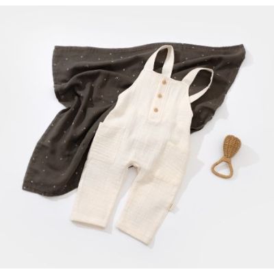 Salopeta de vara cu buzunare din muselina, BabyCosy, 100% bumbac organic, ecru (Marime: 3-6 Luni) JEMBC-CSYM7009-3
