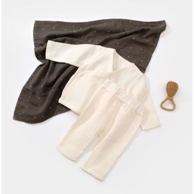 Set bluzita petrecuta si panataloni lungi din muselina, Baby Cosy, 100% bumbac organic, Ecru (Marime: 12-18 Luni) JEMBC-CSYM7012-12