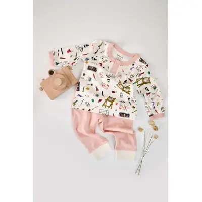 Set bluzita cu maneca lunga si nasturei si panataloni lungi, 100% bumbac organic, BabyCosy, Pudra (Marime: 3-6 Luni) JEMBC-CSY2006-3