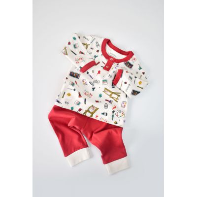 Set bluzita cu maneca lunga si nasturei si panataloni lungi, 100% bumbac organic, BabyCosy, Rosu (Marime: 6-9 luni) JEMBC-CSY2004-6