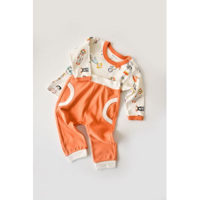 Set bluzita cu maneca lunga si panataloni lungi, 100% bumbac organic, BabyCosy, Portocaliu (Marime: 12-18 Luni) JEMBC-CSY2007-12