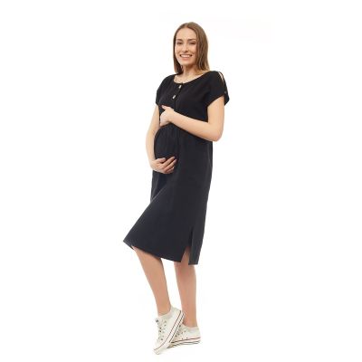 Qmini - Rochie pentru gravide si pentru alaptare, L/XL, Din in si poliester, Confortabila si lejera, Black BYNQM_4522_L/XL